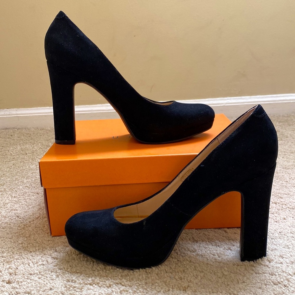 Unisa Black Faux Suede Thin Block Heels, 9.5
